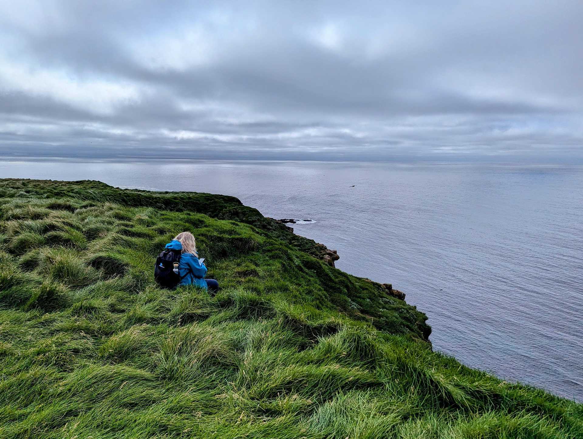 woman sits on a cliff with puffins